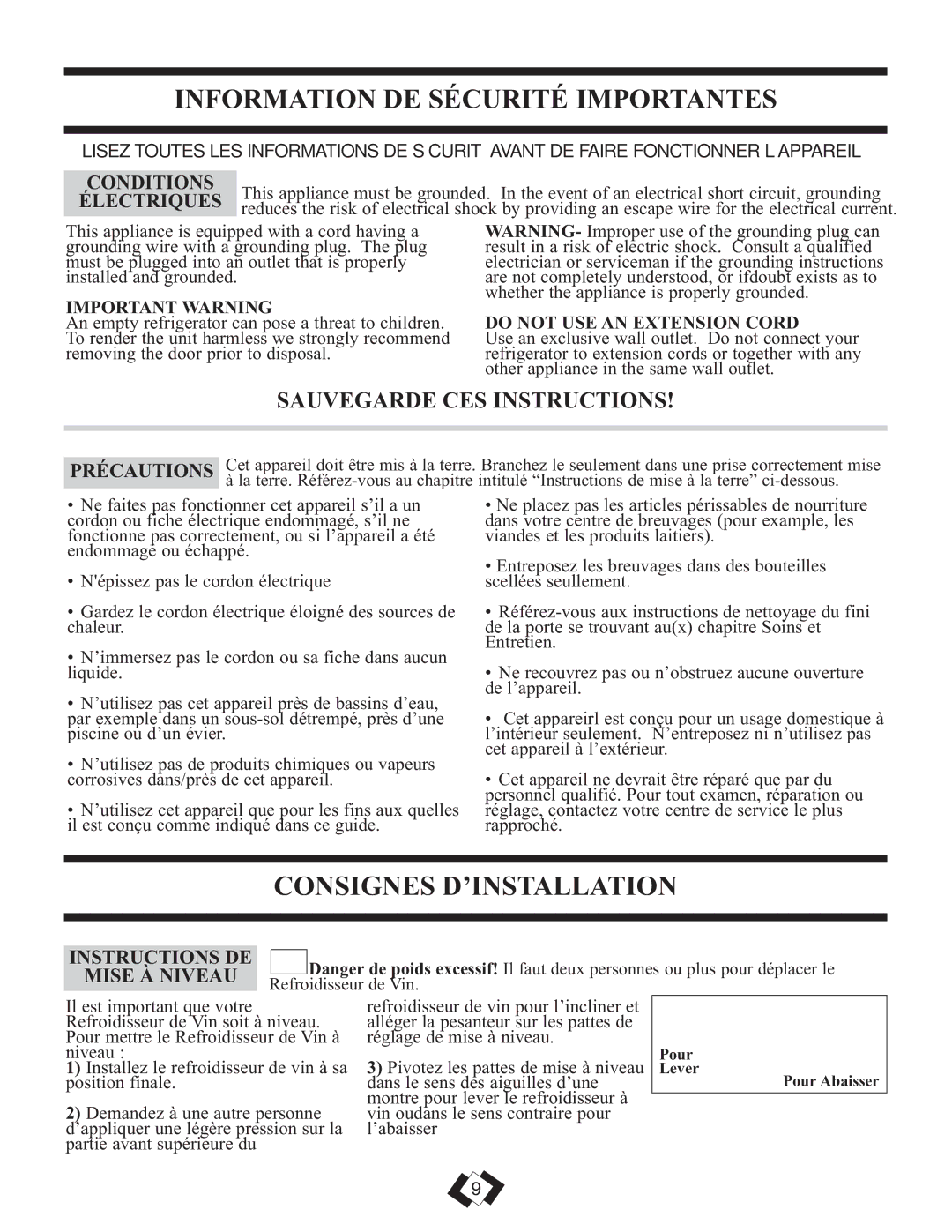 Danby DWC350BLPA INFORMATION DE SÉCURITÉ Importantes, Consignes D’Installation, Conditions, INSTRUCTIONS DE MISE À Niveau 